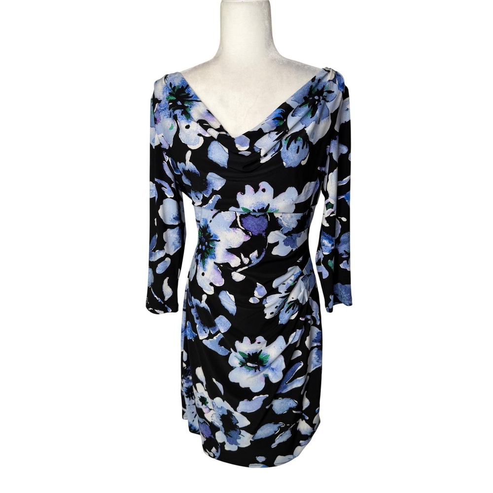 Lauren Ralph Lauren Floral Jersey Midi Dress Cowl Neck Ruched Blue White Size 10